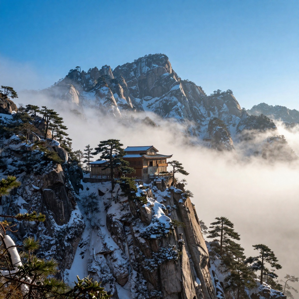 Snow-capped Himalayan mountain peak at sunrise, mist swirling around pine forests, a small wooden monastery perched on a cliff, clear blue sky, crisp air, detailed textures of snow and rock, National Geographic style, high dynamic range