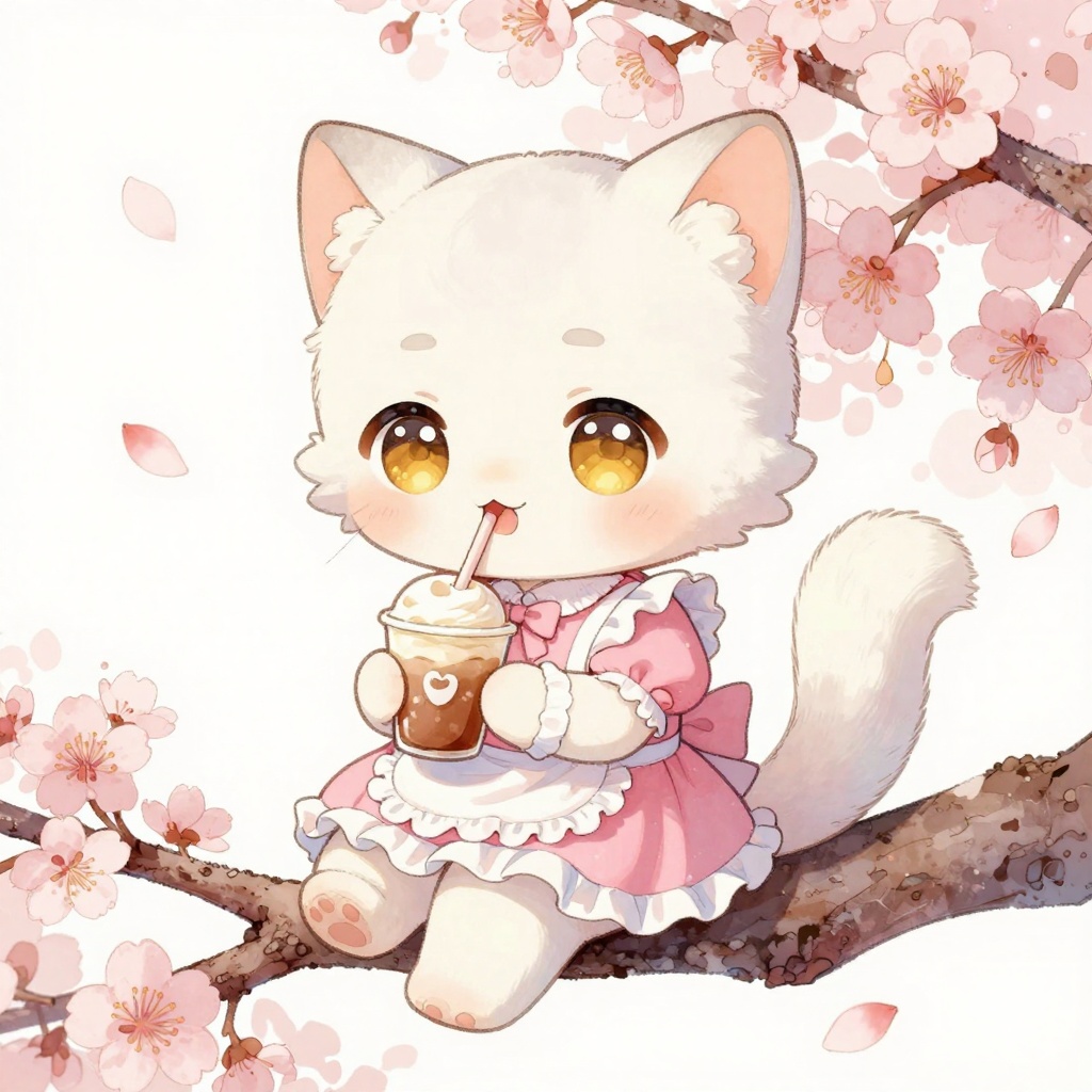 Cute chibi cat girl with fluffy white ears and tail, wearing a frilly pink maid outfit, holding a matcha latte, sitting on a cherry blossom branch, petals falling around her, big sparkling amber eyes, soft watercolor art style, Studio Ghibli inspired, pastel color palette